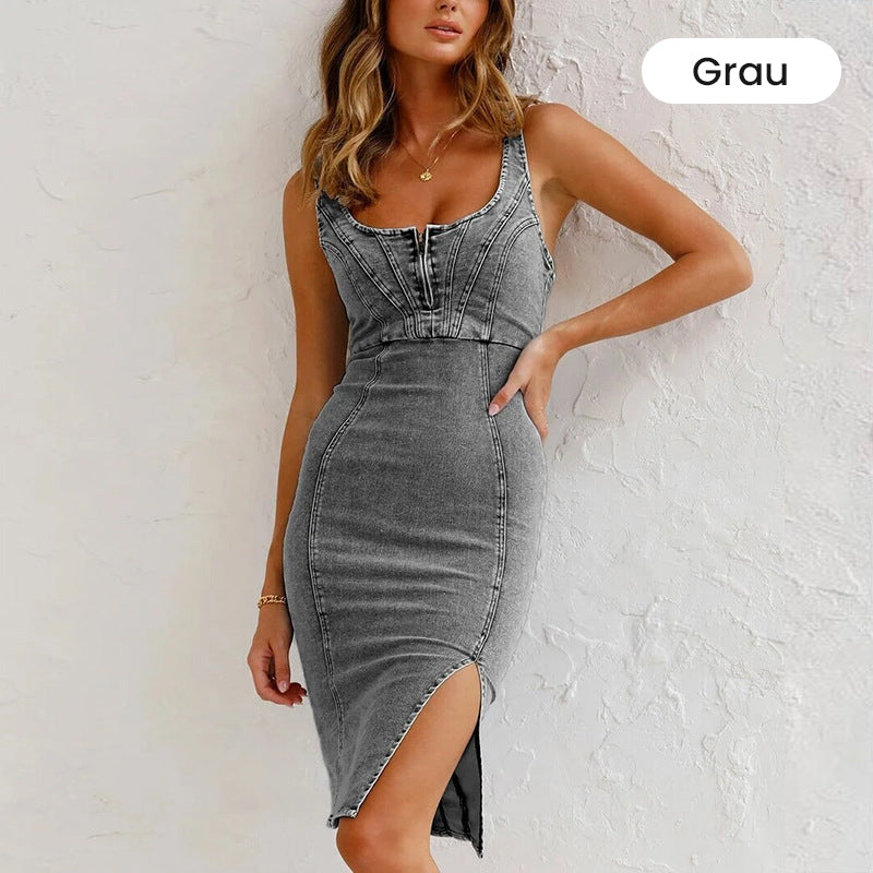 Figurbetontes Camisole-Kleid aus Denim mit U-Ausschnitt,Schlitz und verstellbaren TrÀgern