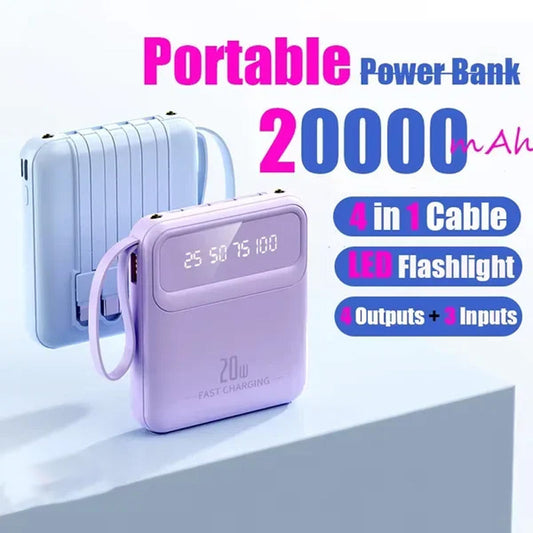 20000mAh tragbares Ladegerät mit 4 eingebauten Kabeln