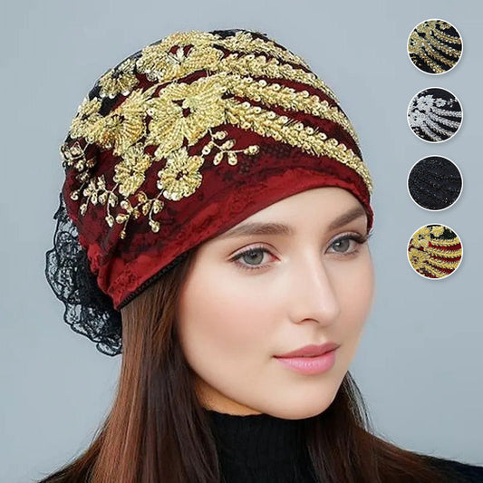 Élégant bonnet-foulard en dentelle avec décor de fleurs à paillettes