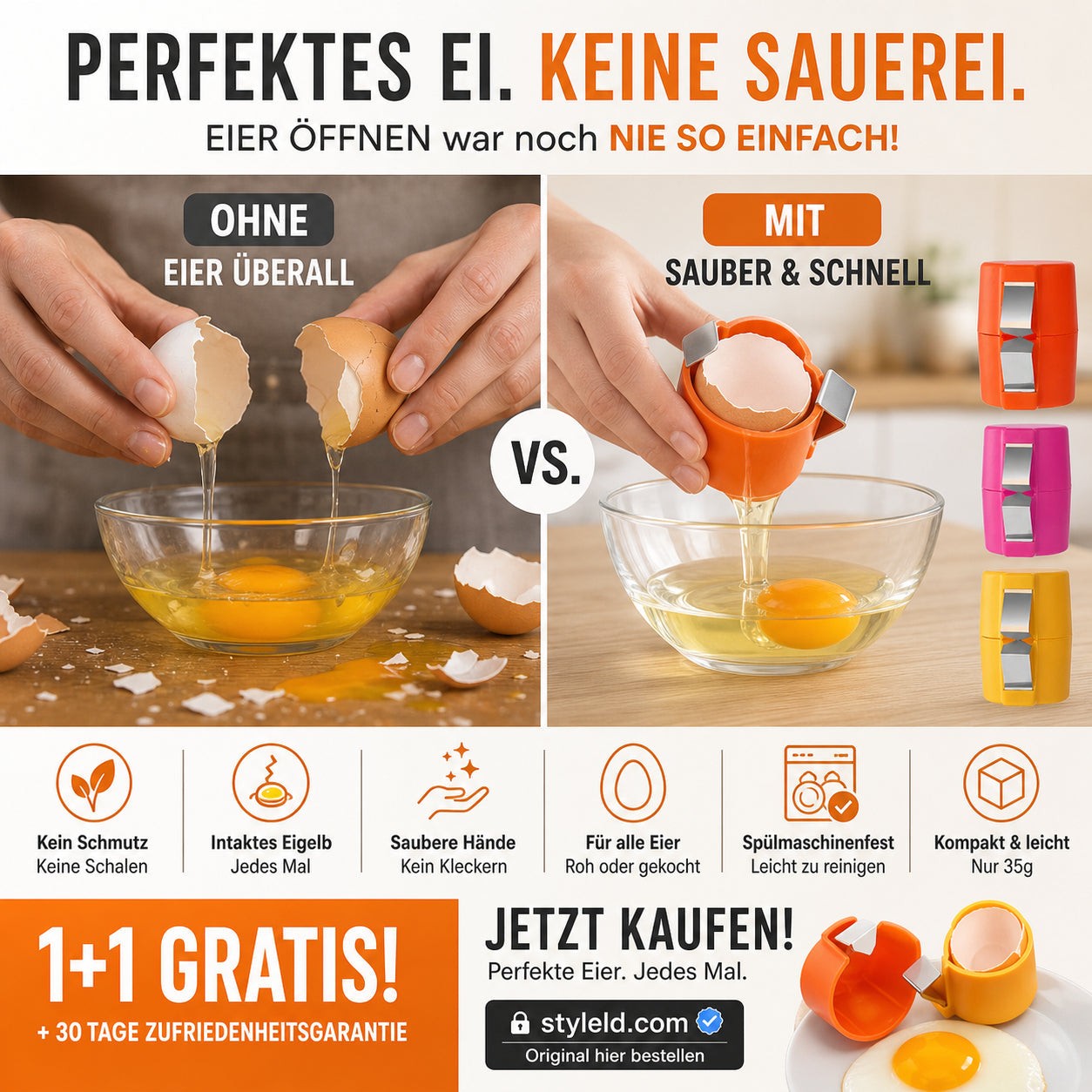 🍳 50 % Rabatt – 2-in-1 Eierknacker & Eigelb-Separator – hygienisch, einfach in der Handhabung & vielseitig für rohe und gekochte Eier 🥚