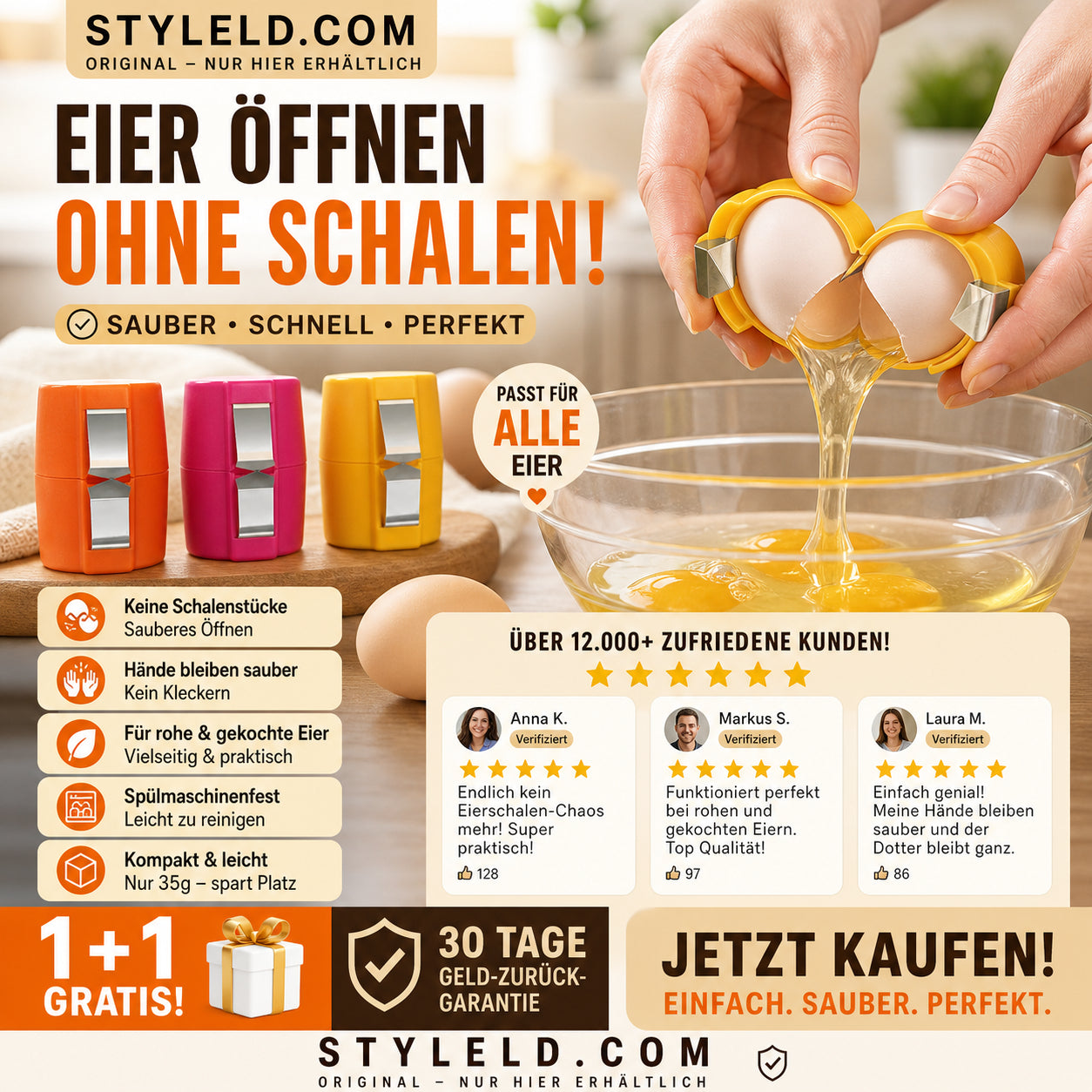 🍳 50 % Rabatt – 2-in-1 Eierknacker & Eigelb-Separator – hygienisch, einfach in der Handhabung & vielseitig für rohe und gekochte Eier 🥚