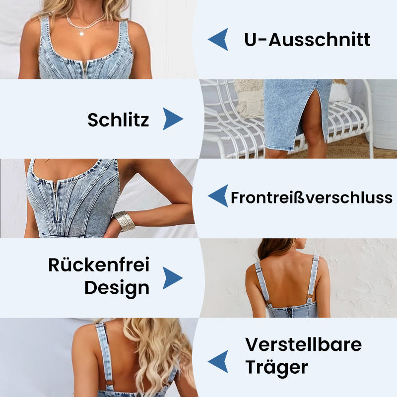 Figurbetontes Camisole-Kleid aus Denim mit U-Ausschnitt,Schlitz und verstellbaren Trägern