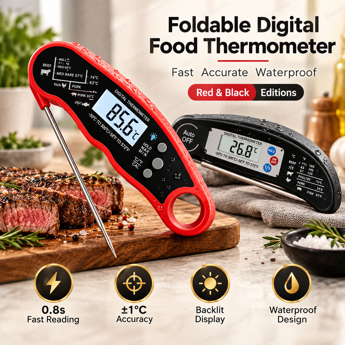 Schwarzes digitales Fleischthermometer mit Sofortanzeige