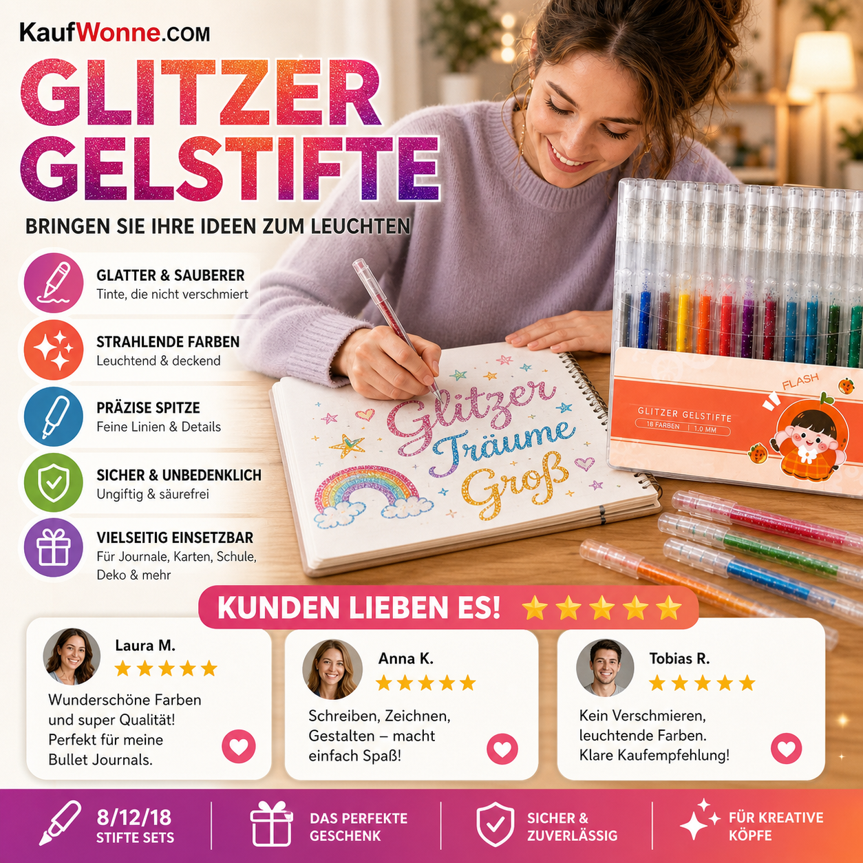 🎁 Glitzer‑Gelstifte‑Set, bunte Glitzertinten für Notizen, Malen, Basteln und Scrapbooking