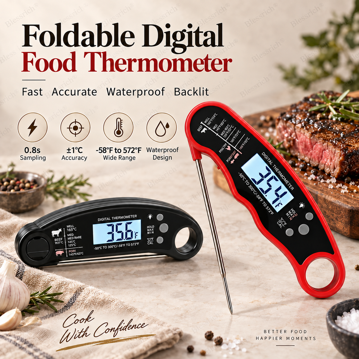 Schwarzes digitales Fleischthermometer mit Sofortanzeige