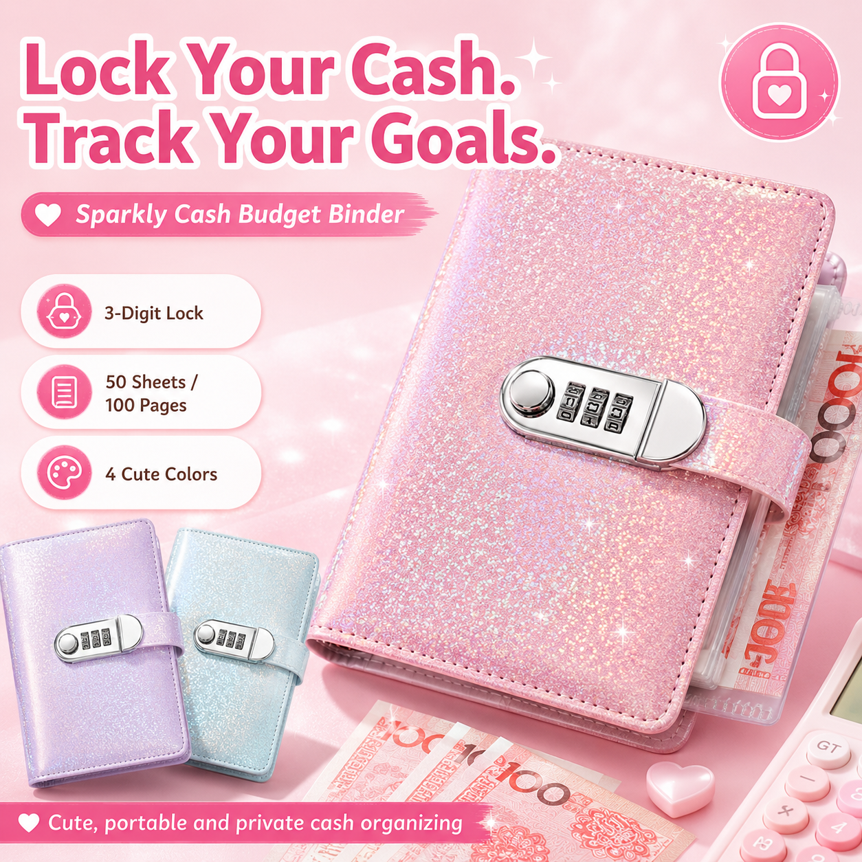 ✨ SparkleLock-Sparordner mit 3-stelligem Zahlenschloss – 100-seitiger Budget-Organizer zum Einstecken von Bargeld für Spar-Challenges, Geldziele und Geschenke 💖