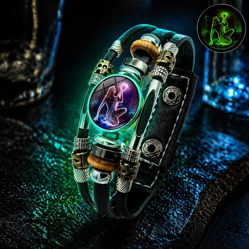 💥Last-Minute-Angebot – 57 % Rabatt ☪️Im Dunkeln leuchtendes Lederarmband mit Sternzeichen für Männer und Frauen (6,9/8,1 Zoll)♑️