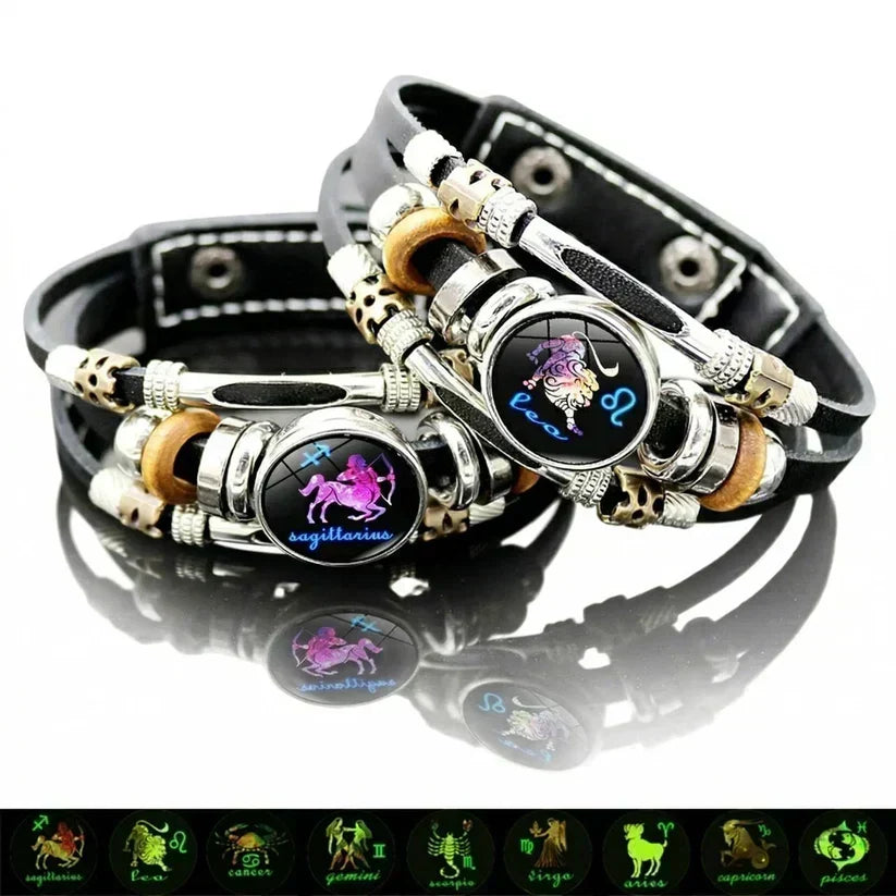 💥Last-Minute-Angebot – 57 % Rabatt ☪️Im Dunkeln leuchtendes Lederarmband mit Sternzeichen für Männer und Frauen (6,9/8,1 Zoll)♑️
