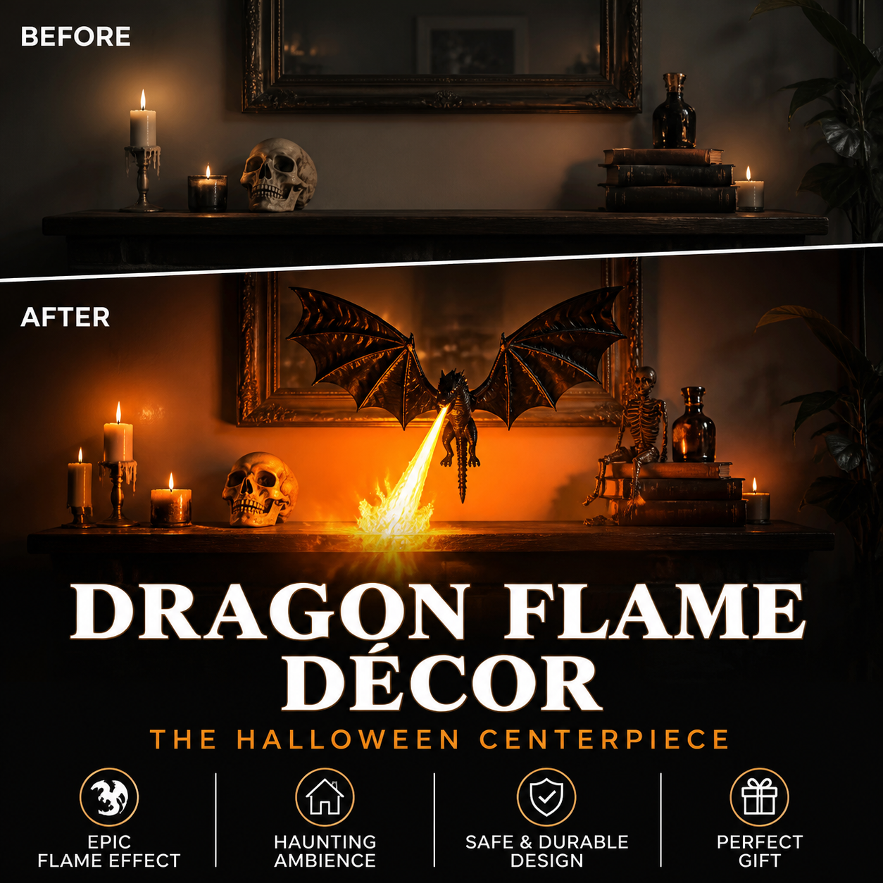 🐉 PROMO-BLITZ: 60% RABATT! 🔥 Drachenflammen-Dekoration – Seiden-PLA – Realistischer Flammeneffekt für Bücherregal & Halloween-Deko 🎃