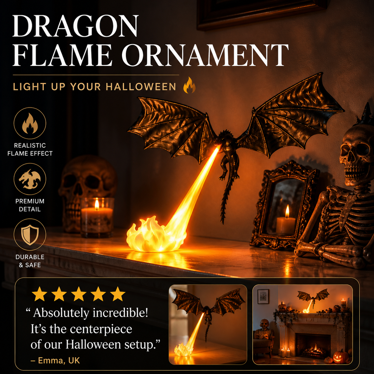 🐉 PROMO-BLITZ: 60% RABATT! 🔥 Drachenflammen-Dekoration – Seiden-PLA – Realistischer Flammeneffekt für Bücherregal & Halloween-Deko 🎃