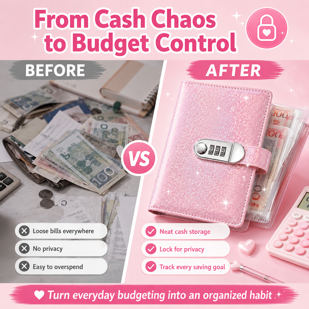 ✨ SparkleLock-Sparordner mit 3-stelligem Zahlenschloss – 100-seitiger Budget-Organizer zum Einstecken von Bargeld für Spar-Challenges, Geldziele und Geschenke 💖
