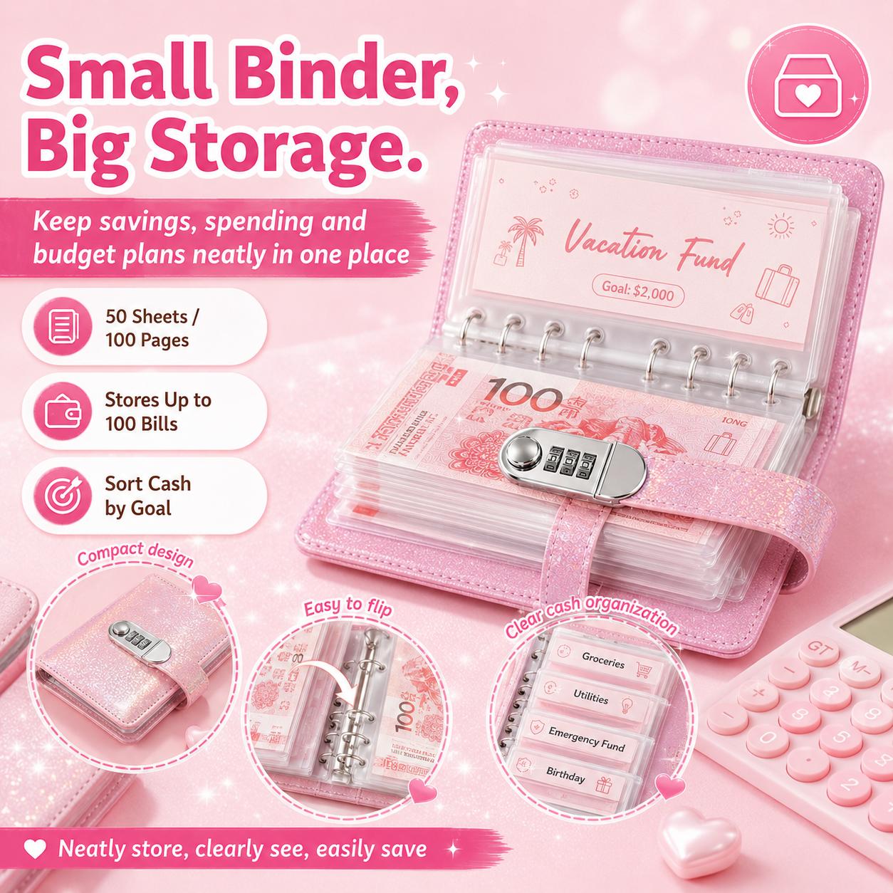 ✨ SparkleLock-Sparordner mit 3-stelligem Zahlenschloss – 100-seitiger Budget-Organizer zum Einstecken von Bargeld für Spar-Challenges, Geldziele und Geschenke 💖
