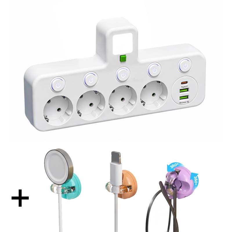 EU-Stecker-Wandler-Steckdose mit 4 Steckdosen, Multi-Port-Wanddose mit unabhängigem Schalter und kleinem Nachtlichtadapter