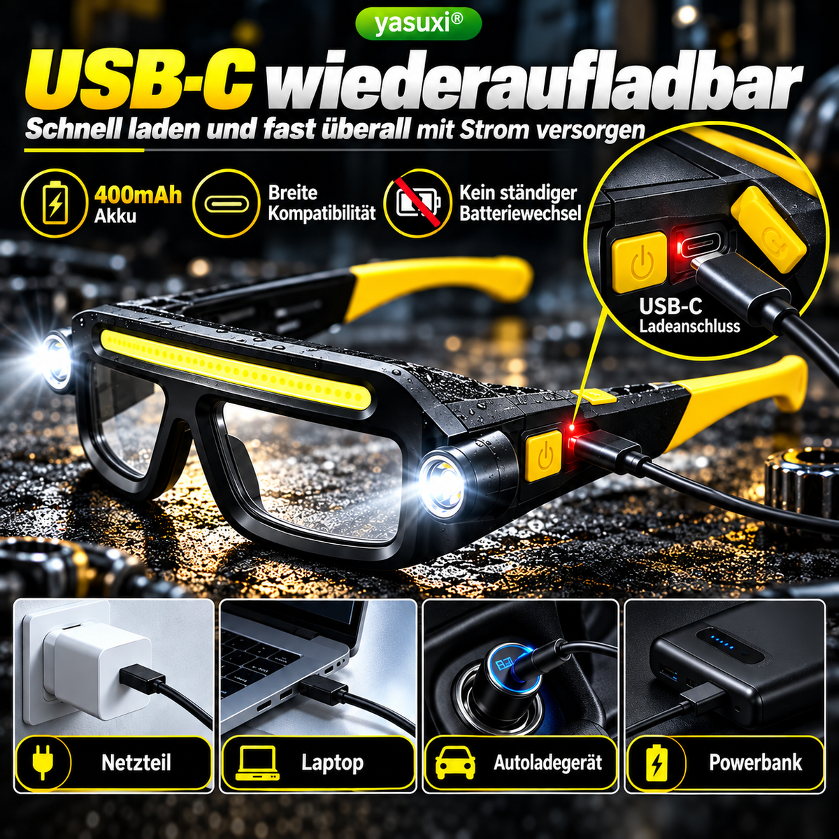 ✨Wiederaufladbare LED-Stirnlampe im Brillen-Design