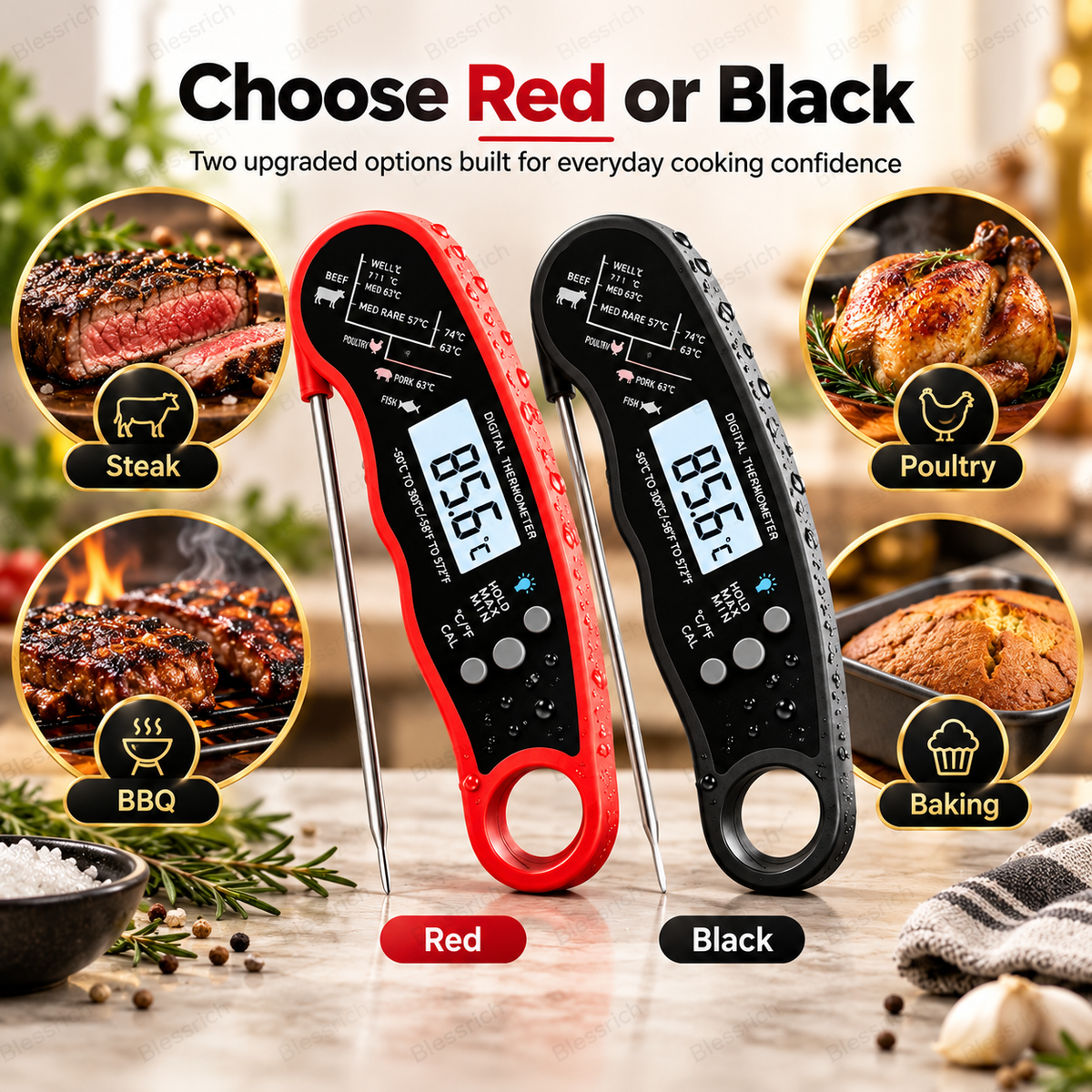Schwarzes digitales Fleischthermometer mit Sofortanzeige