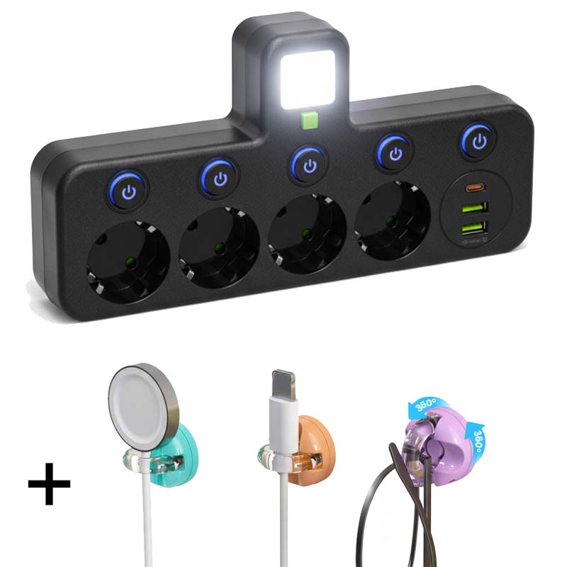 EU-Stecker-Wandler-Steckdose mit 4 Steckdosen, Multi-Port-Wanddose mit unabhängigem Schalter und kleinem Nachtlichtadapter