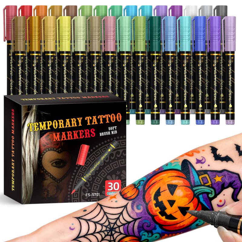 🎃Kosmetik-Tattoo-Marker für die Haut, 10/15/30 leuchtende Farben, flexible Pinselspitze, 30 Farben + 12 Schablonen, hohe Detailgenauigkeit, Gesichts-Make-up für Halloween, ungiftig, Bürobedarf