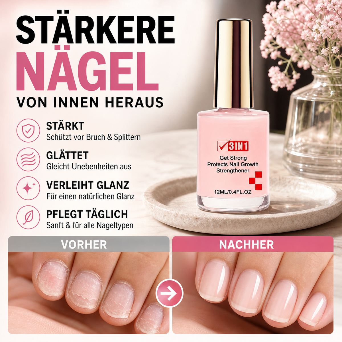 💥 50% Rabatt! 💅 Nagelverstärker – stärkt brüchige Nägel, kaschiert Rillen, hochglänzender Finish. 12 ml. Sanfte Formel für alle Nageltypen. Inklusive Pflegeanleitung ✨
