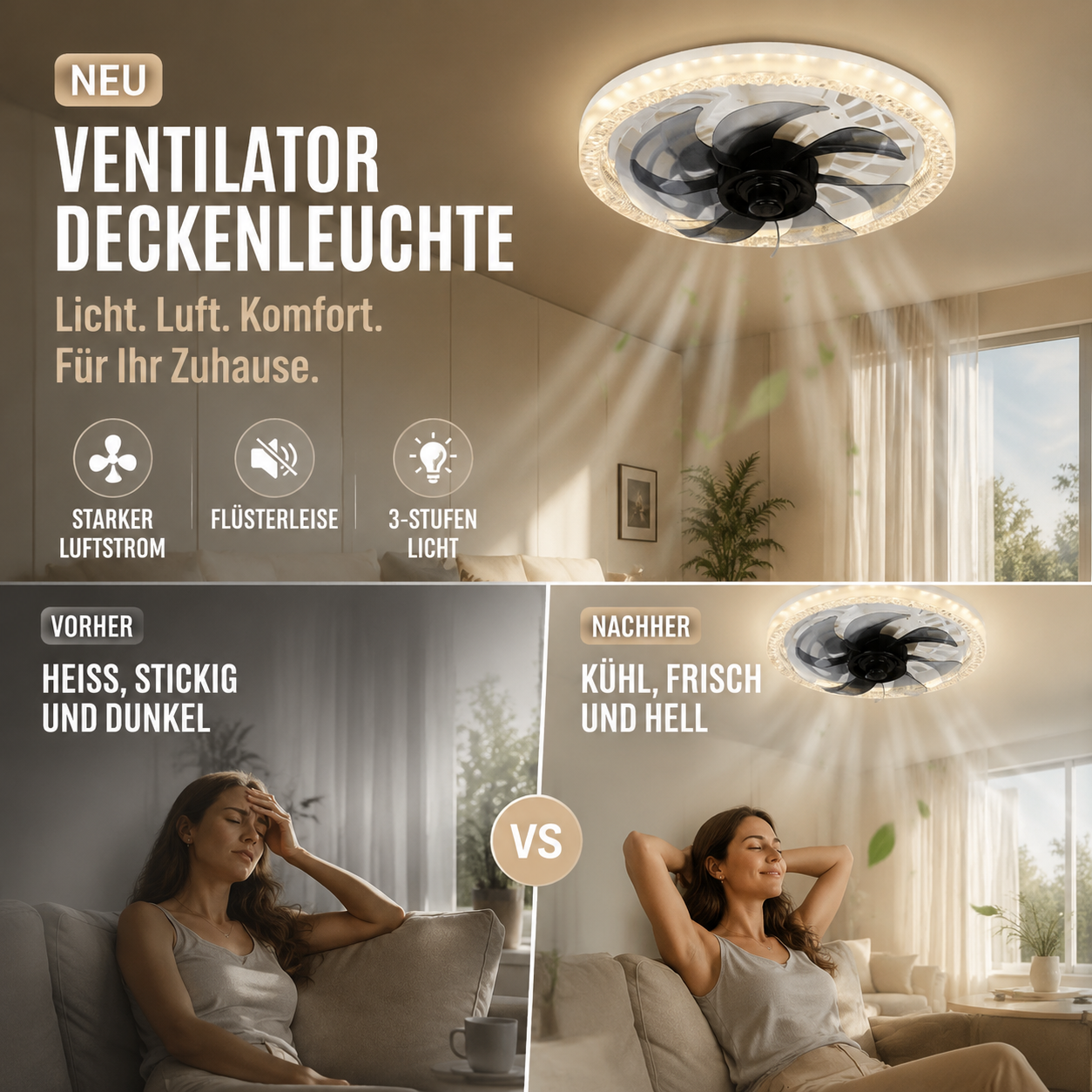 📢📢 50 % RABATT!! 🥳 KOSTENLOSER VERSAND 💞💨 2-in-1-Lautloser, verstellbarer Ventilator mit Fernbedienung und Licht fürs Schlafzimmer