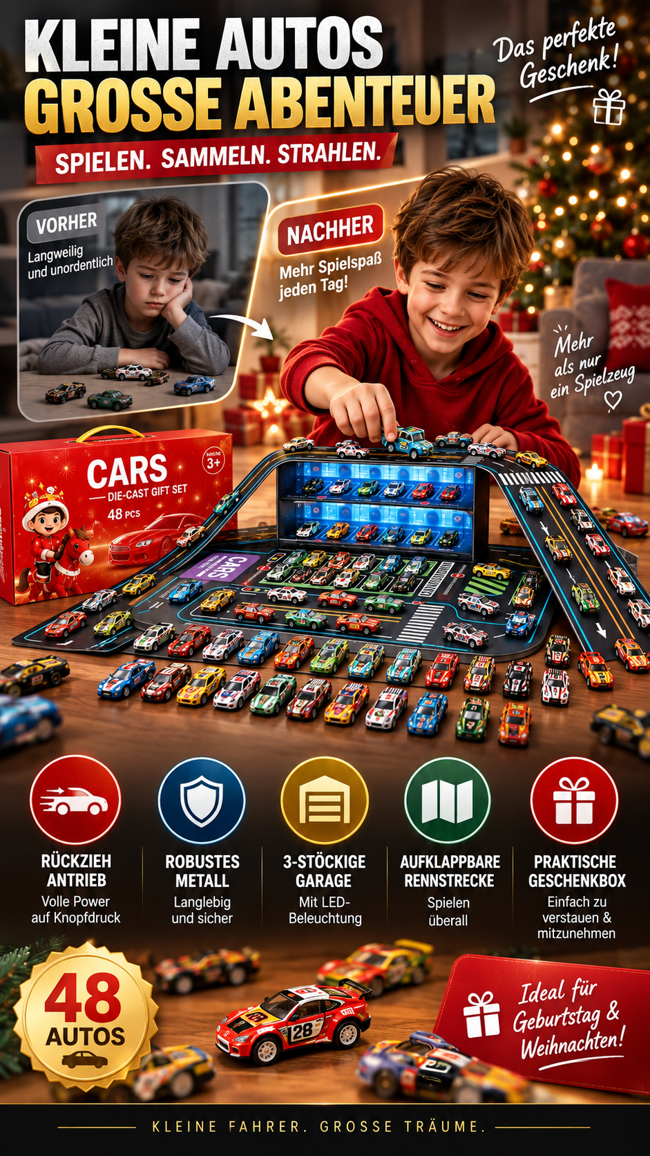 Faltbare Spielzeugauto-Garage mit 48 Rückziehautos-Gcom