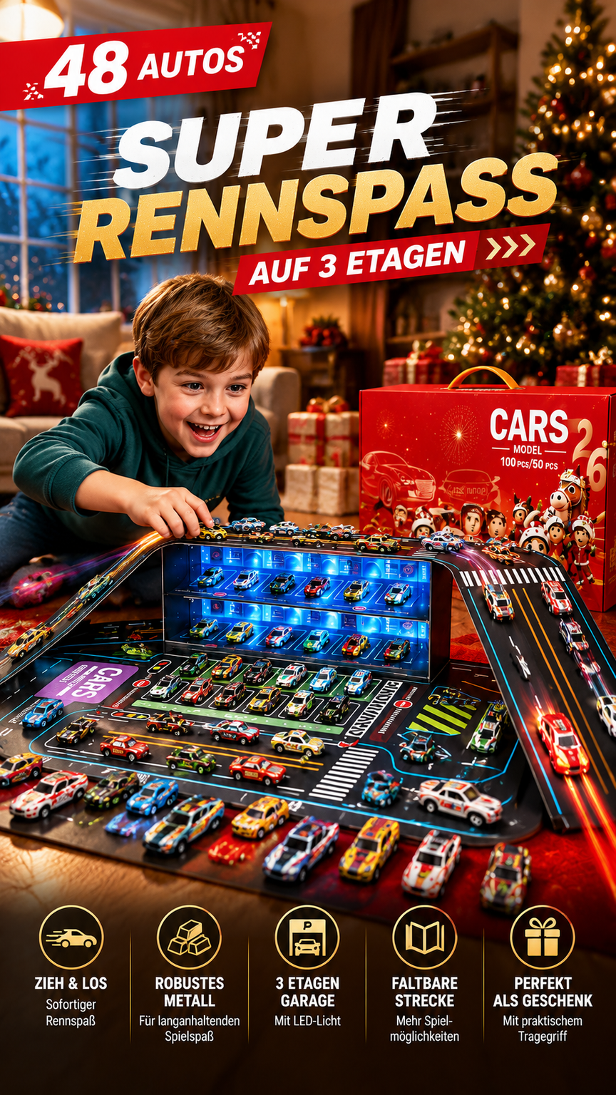 Faltbare Spielzeugauto-Garage mit 48 Rückziehautos-Gcom