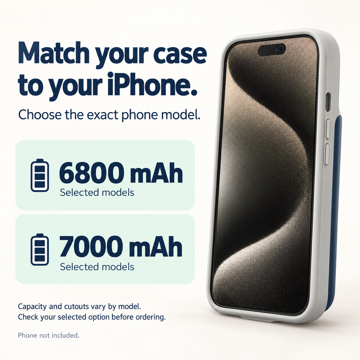 6800 mAh and 7000 mAh battery case options; choose your exact iPhone model.