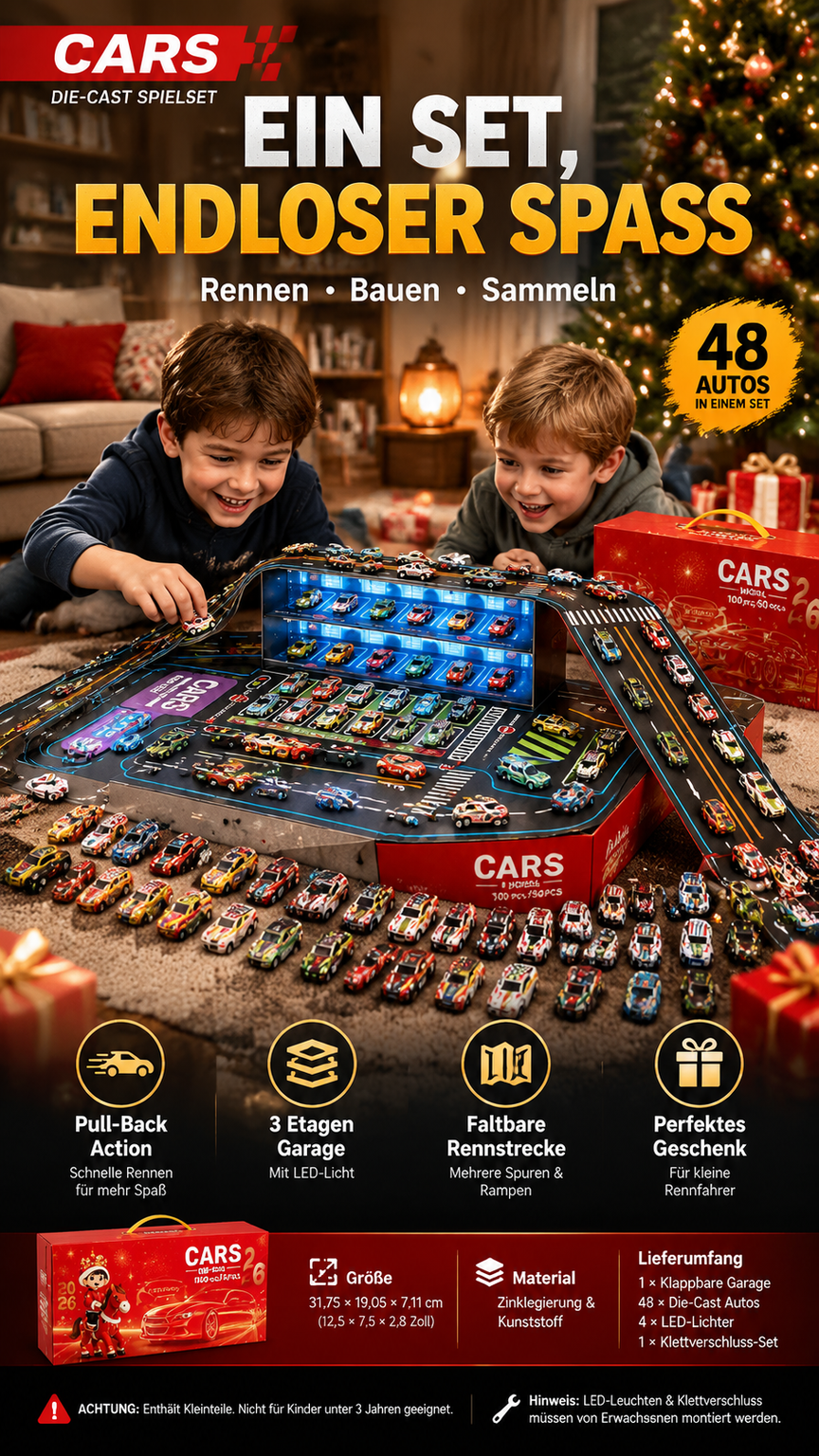Faltbare Spielzeugauto-Garage mit 48 Rückziehautos-Gcom