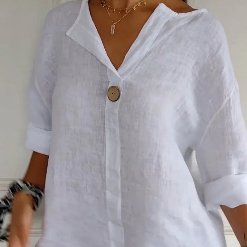 Lockeres T-Shirt aus Baumwolle und Leinen mit V-Ausschnitt für Damen