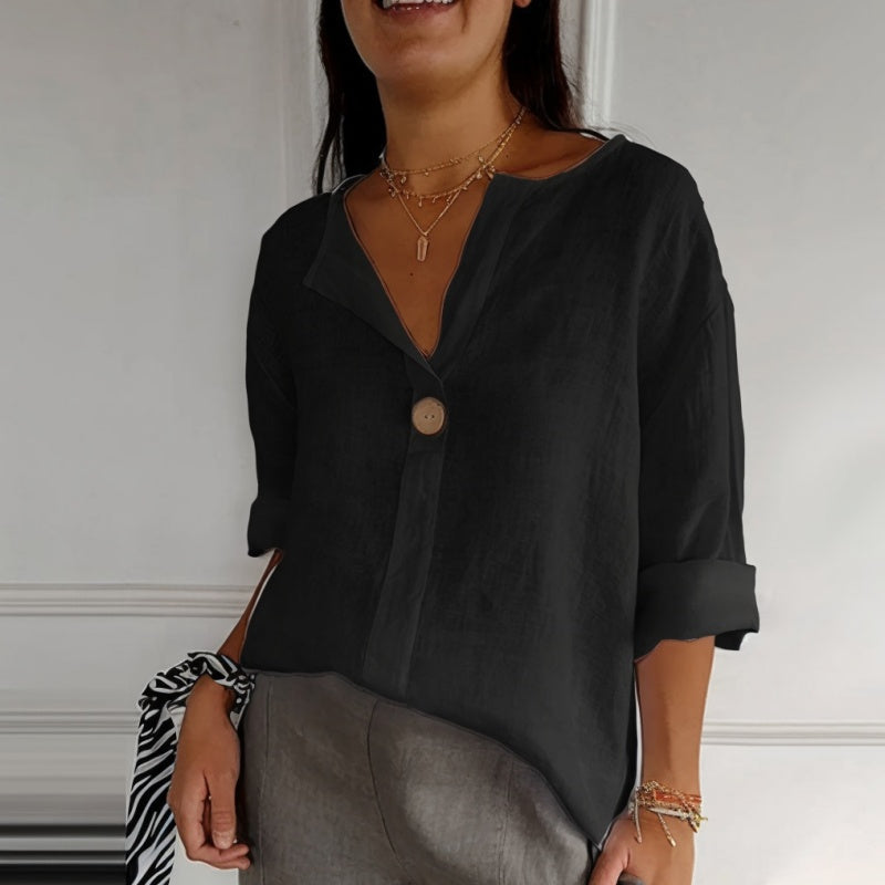 Lockeres T-Shirt aus Baumwolle und Leinen mit V-Ausschnitt für Damen