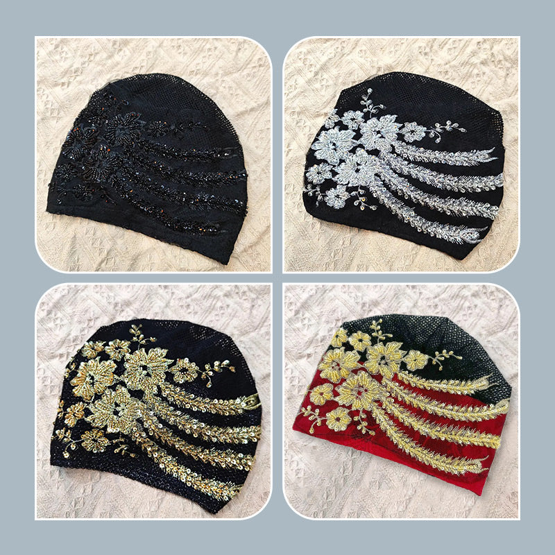 Élégant bonnet-foulard en dentelle avec décor de fleurs à paillettes