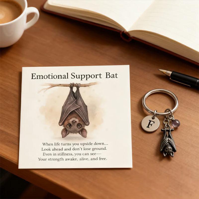 Schlüsselanhänger mit Fledermaus für emotionale Unterstützung und Karte mit Nachricht