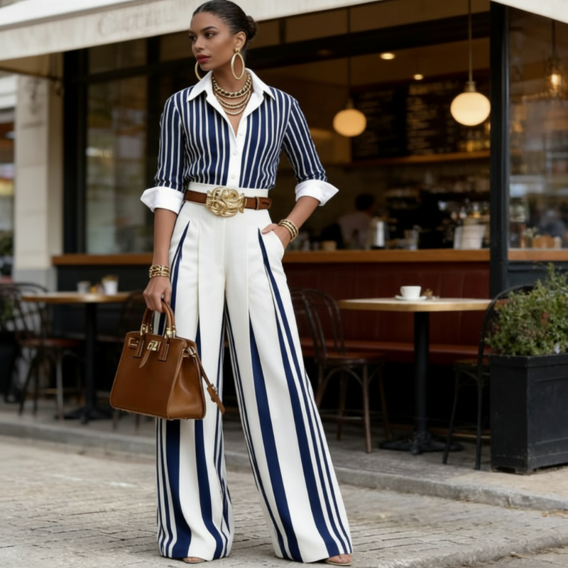 👚 50 % RABATT! 🔥 2-teiliges Set für Damen – Gestreiftes Hemd & weite Hose, lässiger Look, leichter Stoff & perfekt für den Sommer 🌸