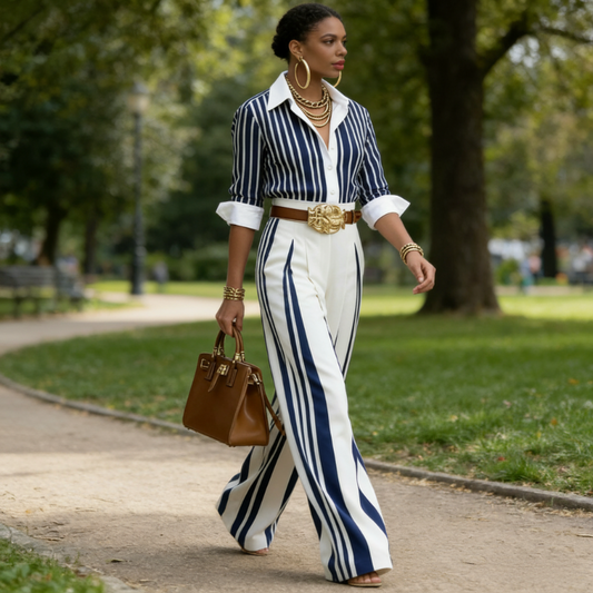 👚 50 % RABATT! 🔥 2-teiliges Set für Damen – Gestreiftes Hemd & weite Hose, lässiger Look, leichter Stoff & perfekt für den Sommer 🌸