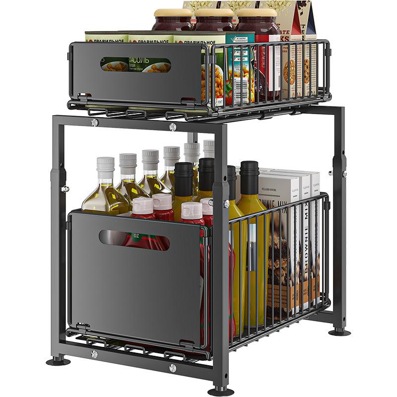 📢📢50% OFF !! ⏰Double-Tier Pull-Out Shelf Cabinet Organiser – 5 Height Adjustments, 2 Pull-Out Tiers, Carbon Steel & Large Capacity – No Assembly Required ✨
