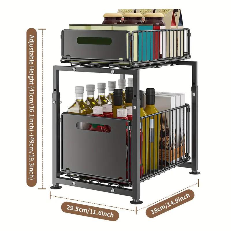 📢📢50% OFF !! ⏰Double-Tier Pull-Out Shelf Cabinet Organiser – 5 Height Adjustments, 2 Pull-Out Tiers, Carbon Steel & Large Capacity – No Assembly Required ✨