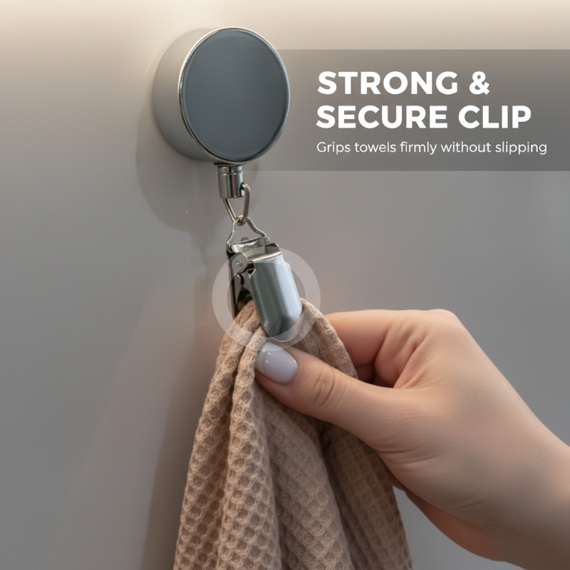 ❄️Summerfresh 50 % Rabatt!✨Selbstklebender, einziehbarer Handtuchclip – 65 cm langer Halter mit automatischer Aufrollfunktion für Geschirrtücher und Spültücher