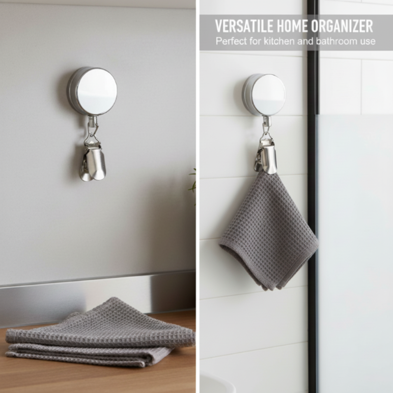 ❄️Summerfresh 50 % Rabatt!✨Selbstklebender, einziehbarer Handtuchclip – 65 cm langer Halter mit automatischer Aufrollfunktion für Geschirrtücher und Spültücher
