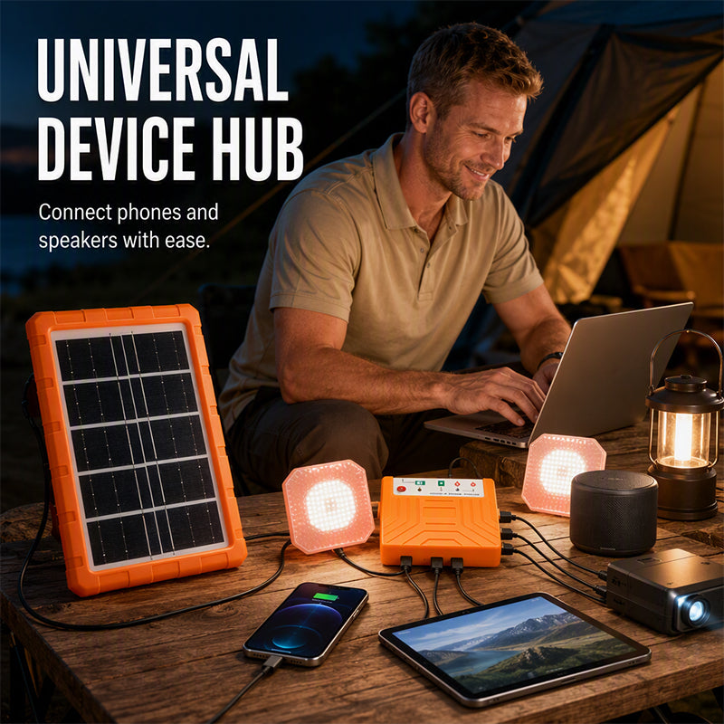 💥 50% Rabatt! ☀️ Tragbares Solarstromsystem – 4 W Panel, 2400 mAh Akku, Typ-C/USB/DC. Inkl. 2 LED-Leuchten. Wasserdicht, stoßfest. Für Camping & Notfälle 🛡️