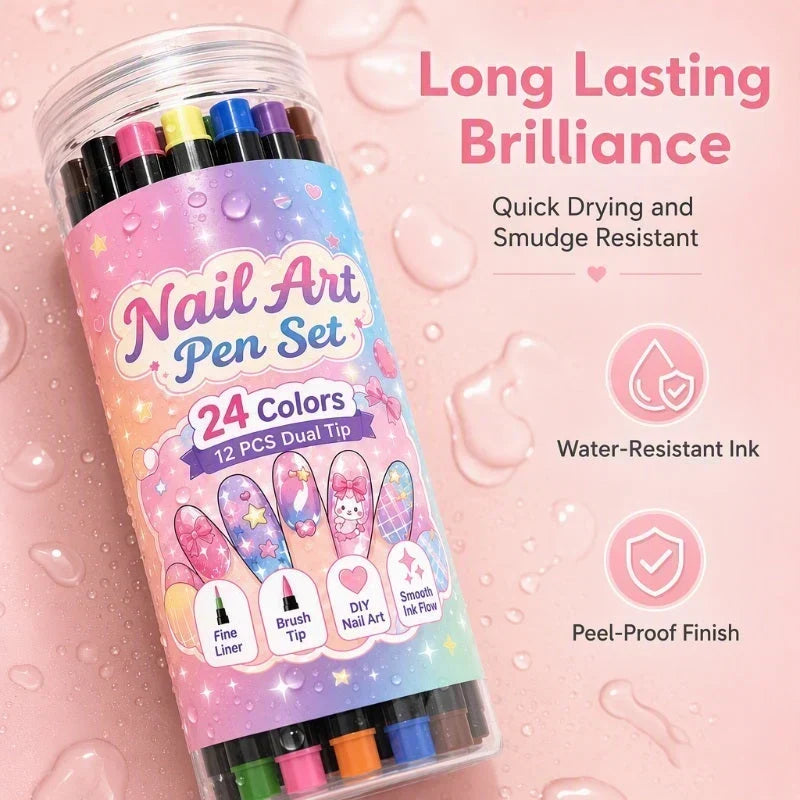 24-Farben Nail-Art-Stifte Set mit Doppelspitze – 12 Stifte