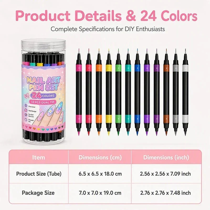 24-Farben Nail-Art-Stifte Set mit Doppelspitze – 12 Stifte