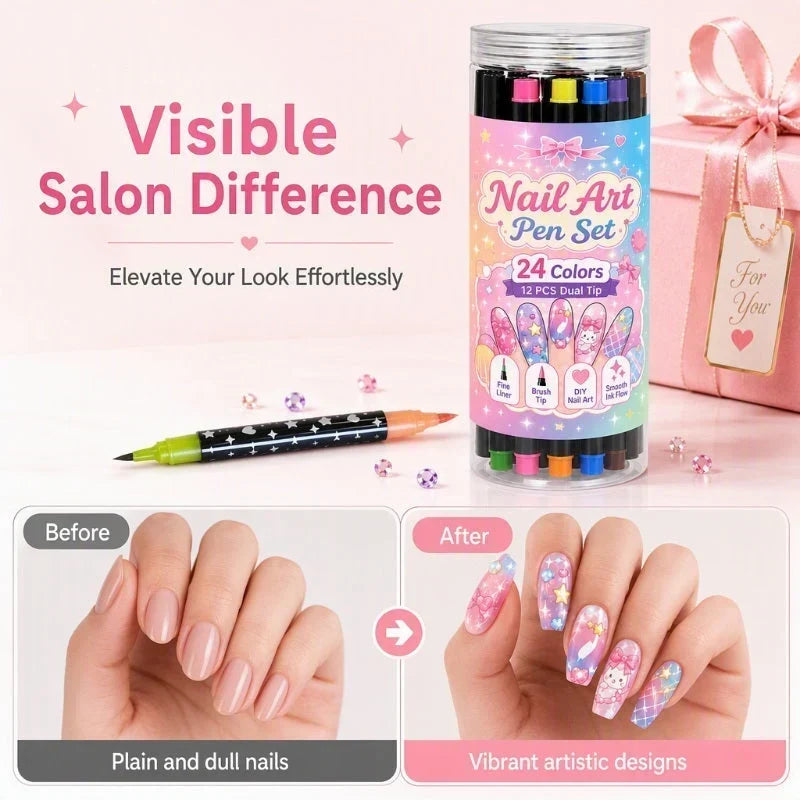 24-Farben Nail-Art-Stifte Set mit Doppelspitze – 12 Stifte