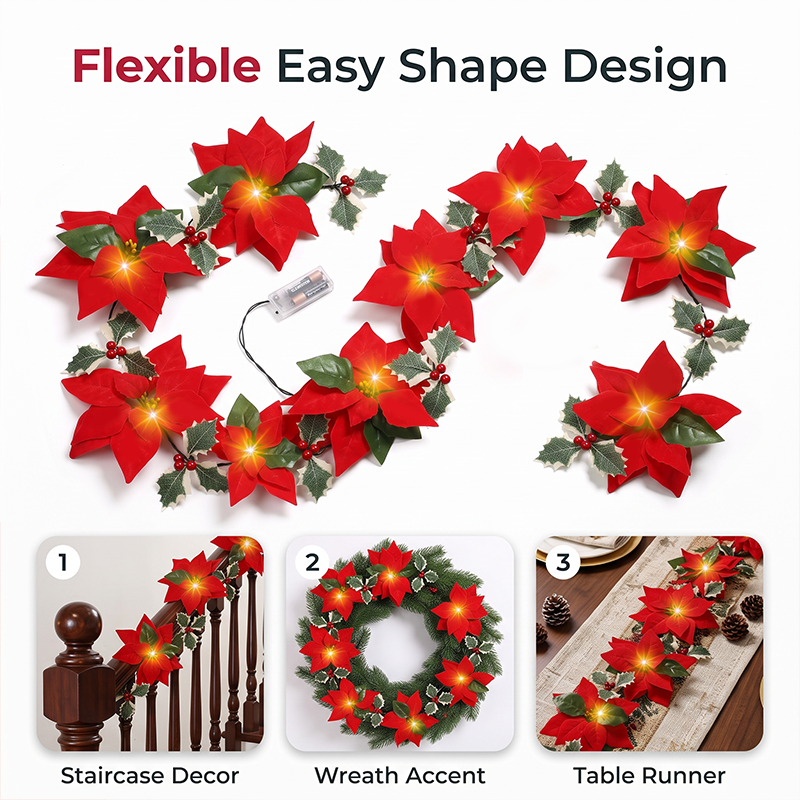 🎄🏠 Beleuchtete Poinsettien-Lichterkette – Flexible 2m Weihnachtsgirlande für Treppengeländer & Regale | Indoor