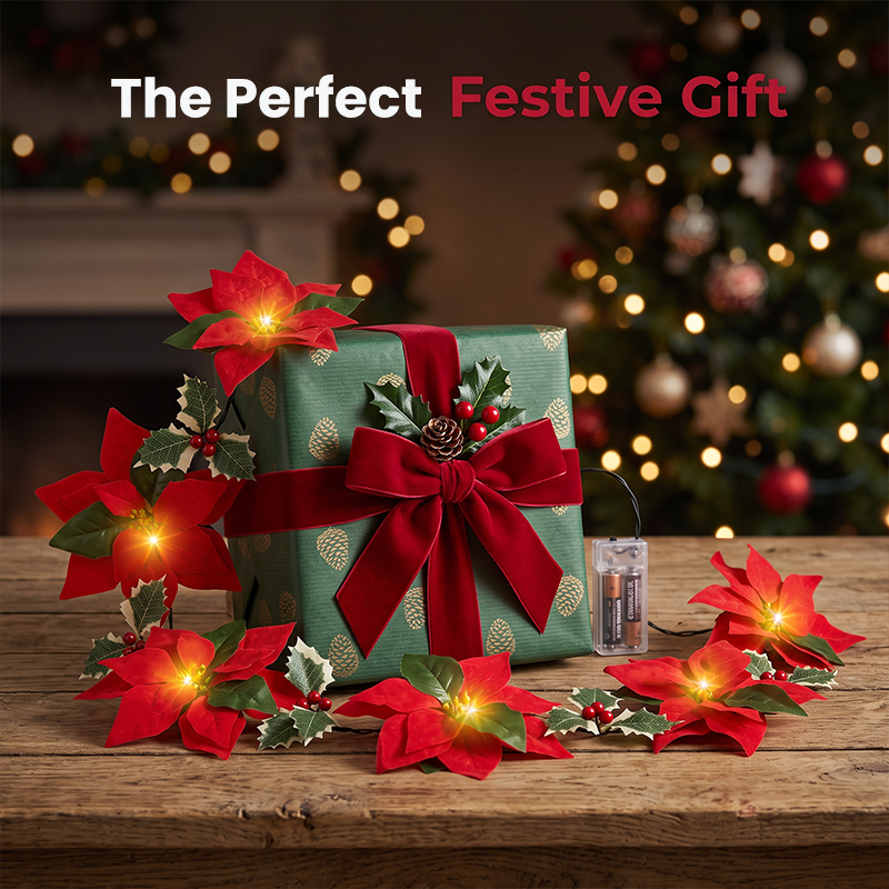 🎄🏠 Beleuchtete Poinsettien-Lichterkette – Flexible 2m Weihnachtsgirlande für Treppengeländer & Regale | Indoor