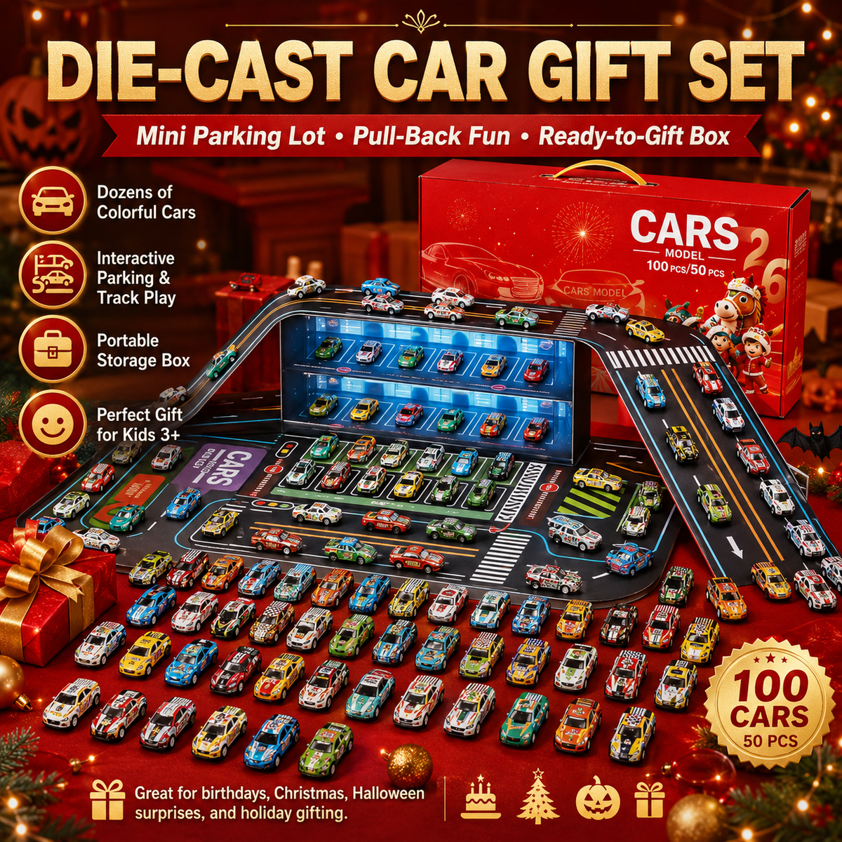 Faltbare Spielzeugauto-Garage mit 48 Rückziehautos-Gcom