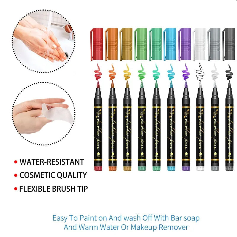 🎃Kosmetik-Tattoo-Marker für die Haut, 10/15/30 leuchtende Farben, flexible Pinselspitze, 30 Farben + 12 Schablonen, hohe Detailgenauigkeit, Gesichts-Make-up für Halloween, ungiftig, Bürobedarf