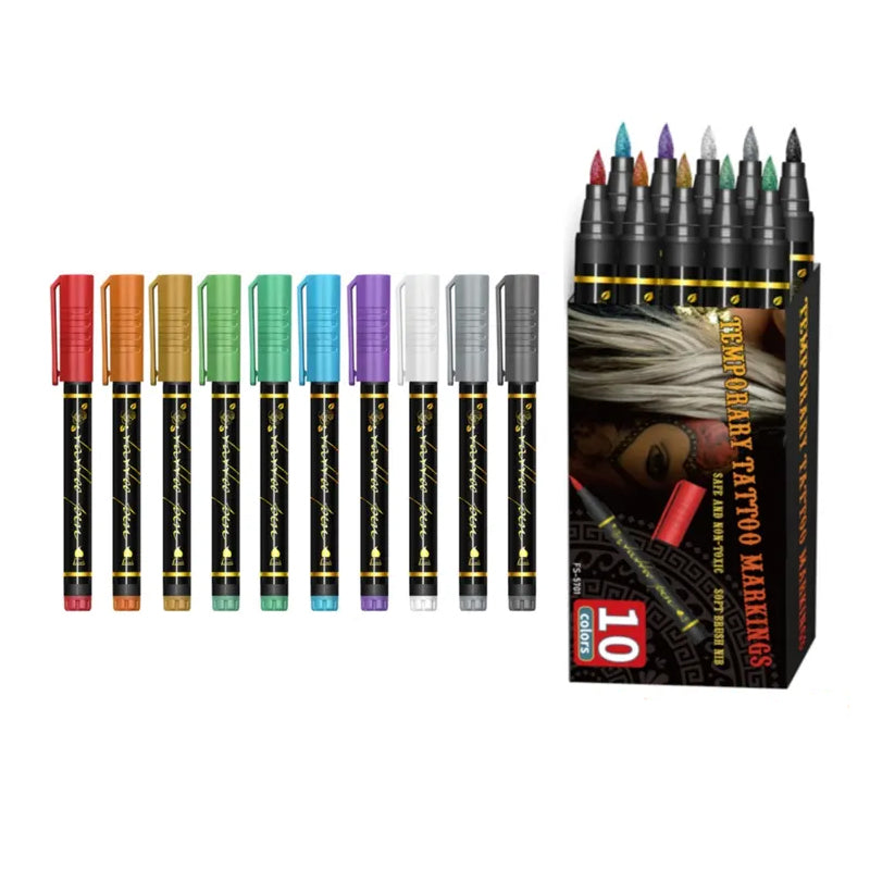 🎃Kosmetik-Tattoo-Marker für die Haut, 10/15/30 leuchtende Farben, flexible Pinselspitze, 30 Farben + 12 Schablonen, hohe Detailgenauigkeit, Gesichts-Make-up für Halloween, ungiftig, Bürobedarf