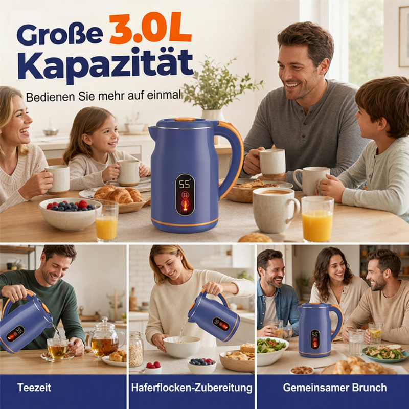 Elektrischer Thermo-Wasserkocher mit LED-Temperaturanzeige – 3,0L Edelstahl & 55°C Warmhaltefunktion