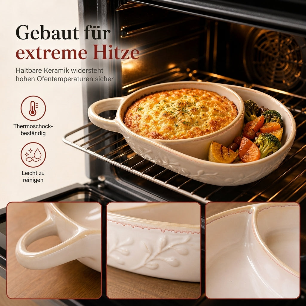 ⏳Zeitlich begrenztes Angebot⏳ Retro-Keramik-Auflaufform mit zwei Fächern und Griff – 20,5 × 17,5 × 5 cm, für Backen und Servieren