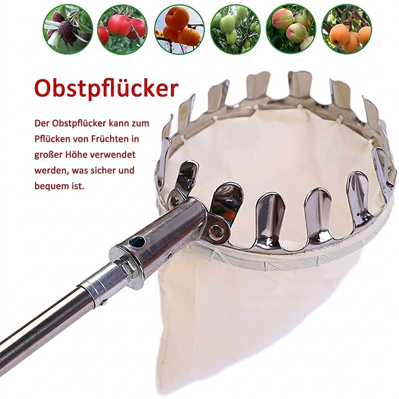 🍎Blitzangebot! Obstpflücker mit Auffangkorb – Pflückkopf aus verzinktem Eisen, Stoffbeutel – mit oder ohne Teleskopstiel (1,6–4,0 m) – Pflücken vom Boden aus! ✨