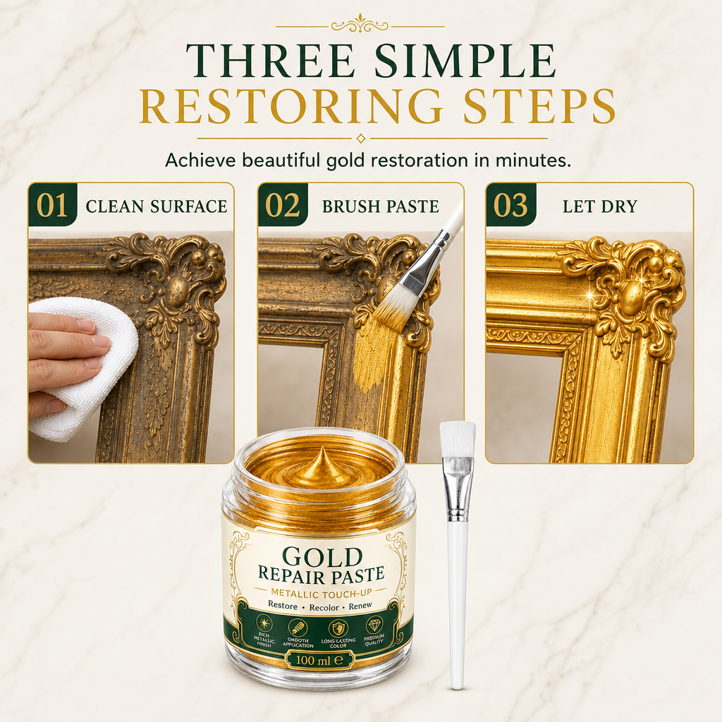💥 50% sparen! Kratzer & mattes Gold? – Gold-Metallic-Reparaturpaste mit Pinsel – einfach auftragen, auffrischen & wie neu aussehen lassen – ohne Profi-Werkzeug ✨🖌️